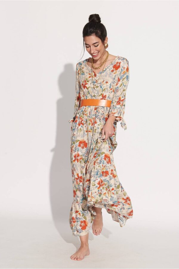 Vestido Largo Flor Naranja